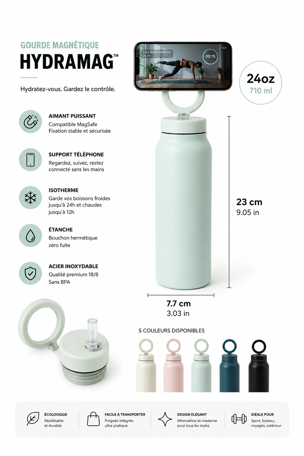 Bouteille d'eau magnétique personnalisée de 24 oz avec paille rabattable